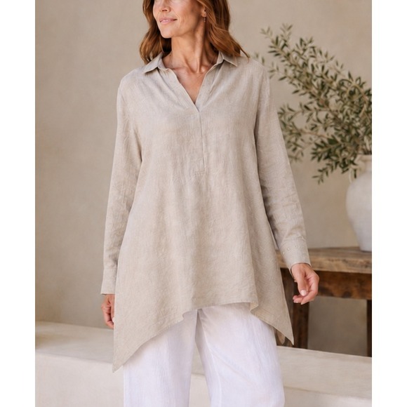 J. Jill Tops - J Jill Love Linen Asymmetrical Tunic Top LS Beige Medium Lagonlook Coastal Vaca